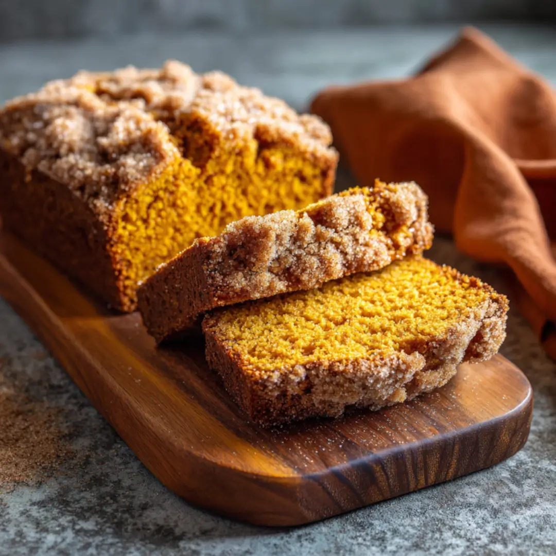 A close-up shot of a freshly baked loaf of cinnamon sugar pumpkin bread on a wooden cutting board, with two slices cut from the front, revealing a moist, vibrant orange interior. The top of the bread is covered in a crunchy, golden-brown cinnamon sugar crust. In the background, a crumpled orange napkin is visible.