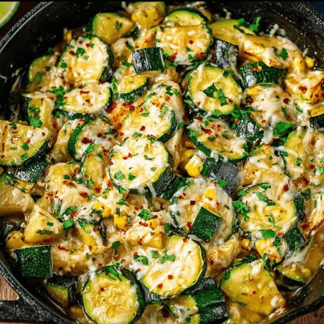 Skillet of cheesy Mexican Calabacitas with zucchini, corn, tomatoes, and fresh cilantro, sprinkled with red pepper flakes.