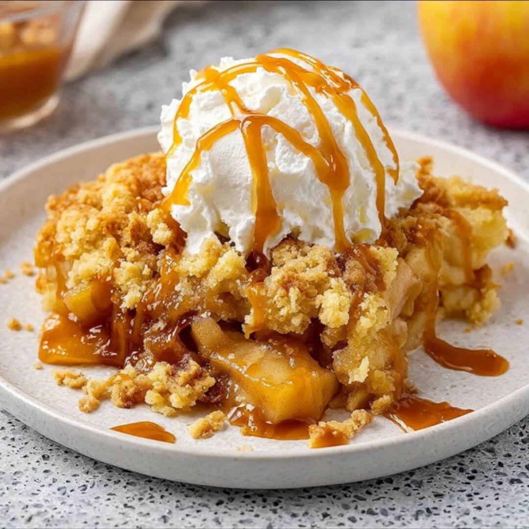 Close-up of caramel apple dump cake topped with whipped cream and drizzled caramel sauce on a plate.