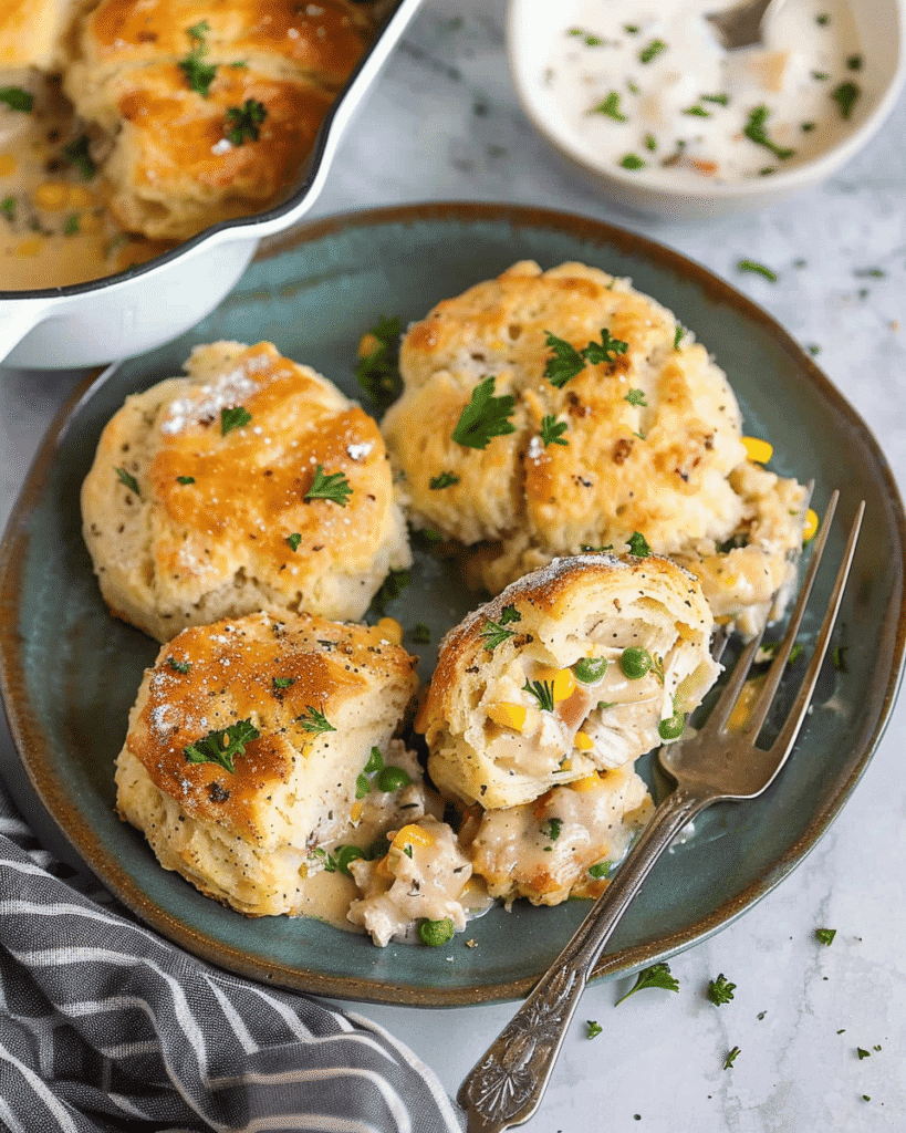 Golden baked biscuits served over creamy chicken pot pie filling with peas, corn, and carrots on a rustic plate.