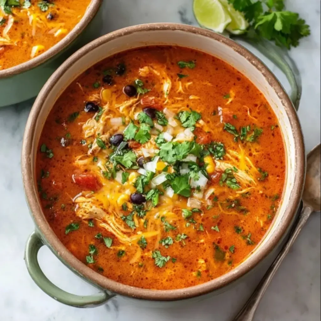 A hearty bowl of chicken enchilada soup topped with melted cheese, black beans, corn, and fresh cilantro, served with lime wedges on the side.