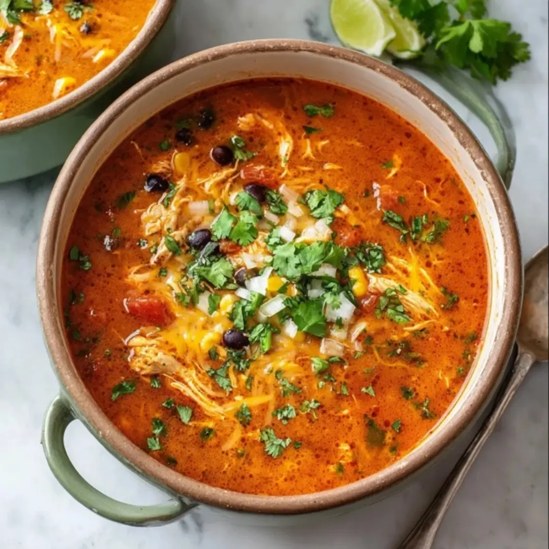 A hearty bowl of chicken enchilada soup topped with melted cheese, black beans, corn, and fresh cilantro, served with lime wedges on the side.