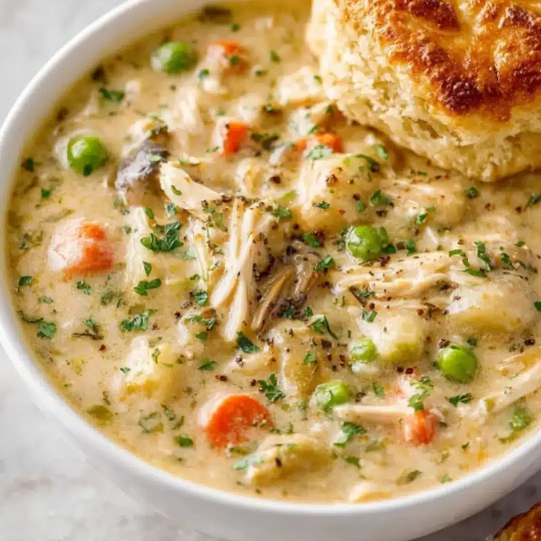Close-up of creamy chicken pot pie soup in a white bowl with peas, carrots, shredded chicken, and a golden biscuit on top.
