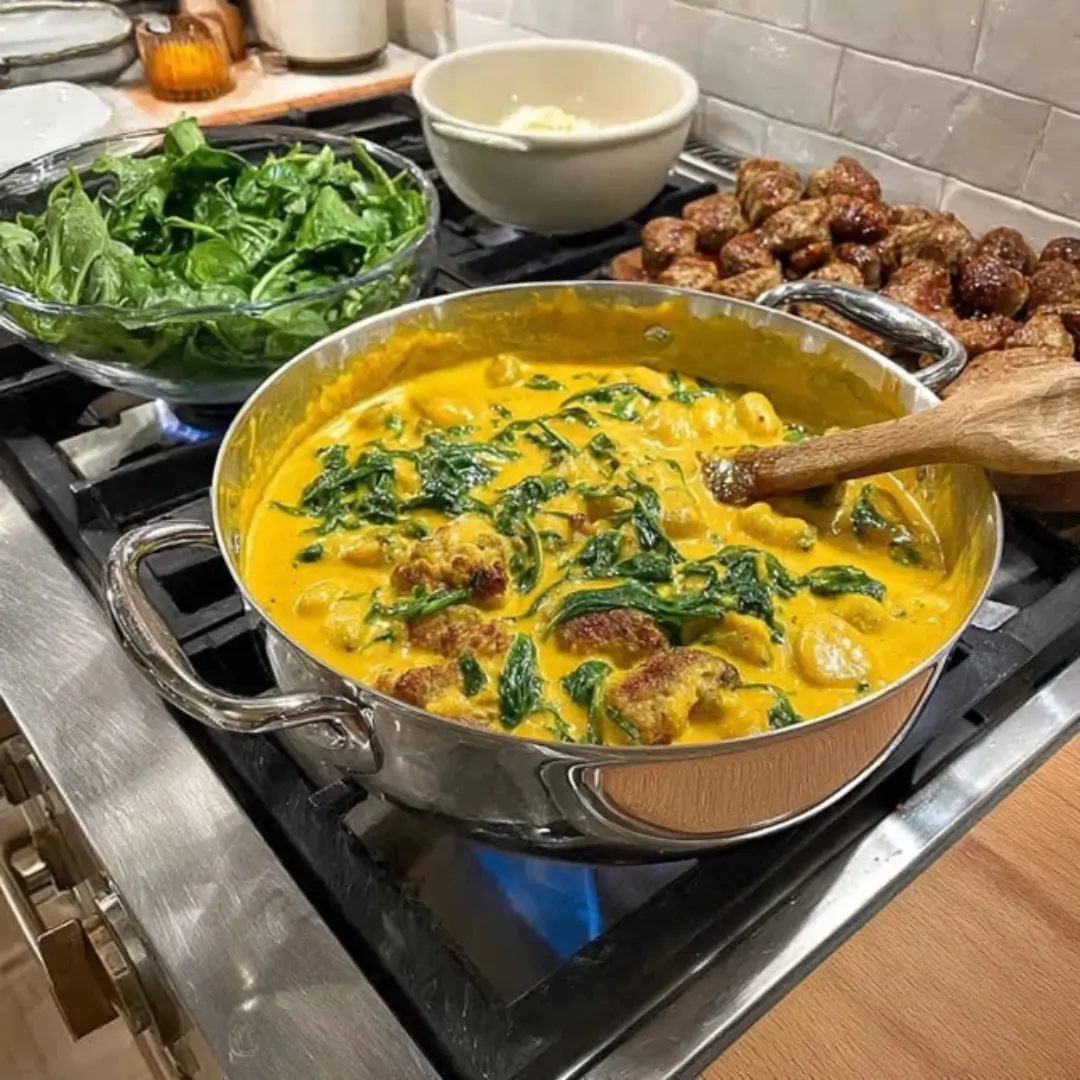 Creamy pumpkin gnocchi with spinach and Italian sausage cooking in a skillet on the stove.