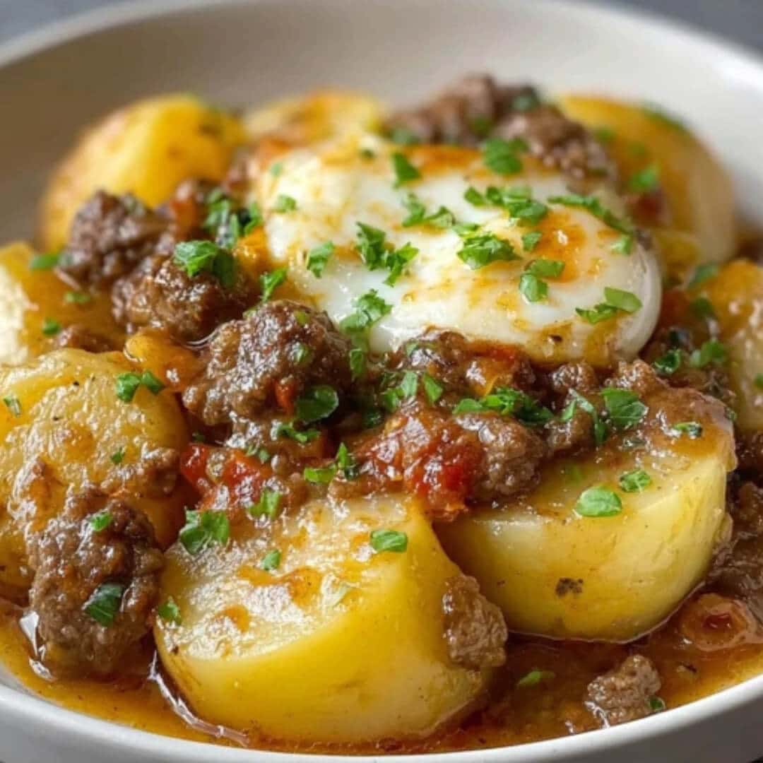 Close-up of Crockpot hamburger potato casserole with tender potato rounds, ground beef, melted cheese, and fresh parsley garnish.
