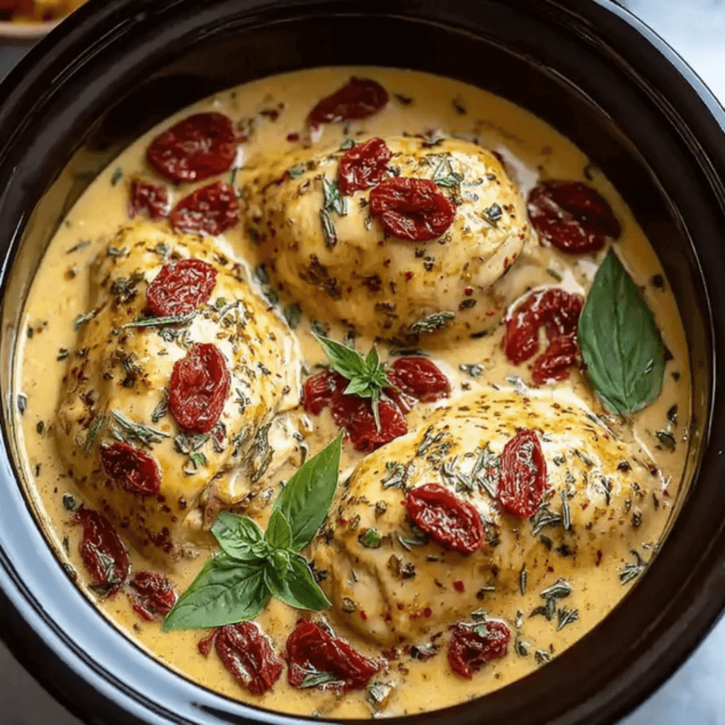 Creamy Crockpot Marry Me Chicken with sun-dried tomatoes, fresh herbs, and Parmesan sauce in a slow cooker