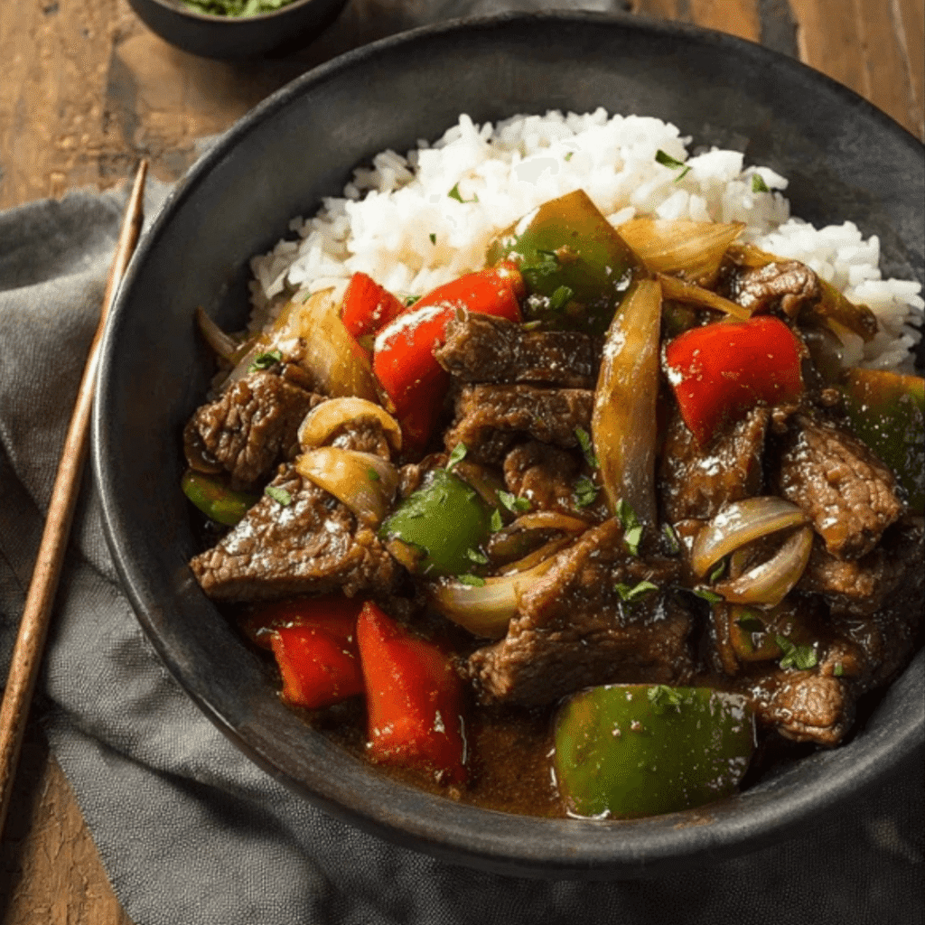Close-up of crockpot pepper steak served with white rice, featuring tender beef strips, red and green bell peppers, and onions in a rich savory sauce.