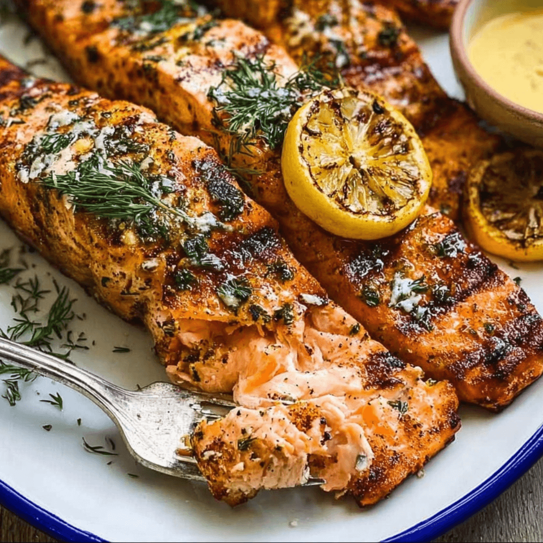 Juicy grilled salmon fillets with crispy skin, garnished with fresh dill and charred lemon slices on a serving platter.