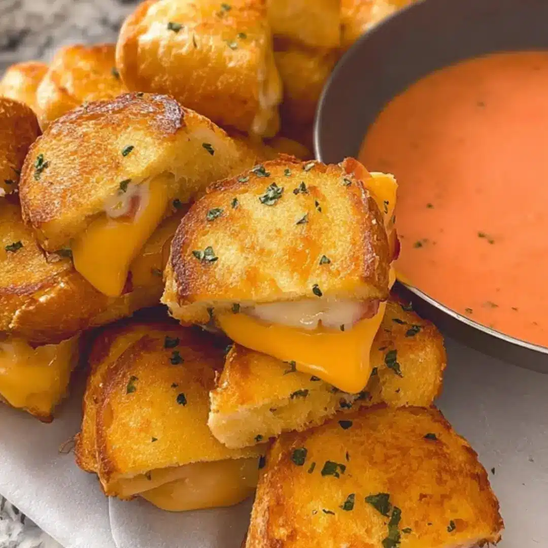 Golden Hawaiian rolls filled with melted cheddar and mozzarella cheese, brushed with garlicky herb butter, ready to pull apart and enjoy.