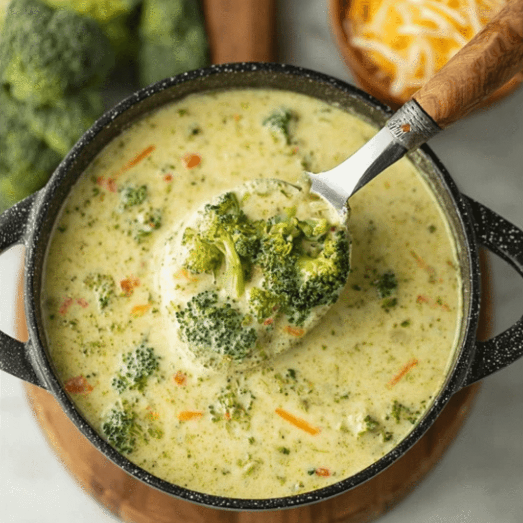 A creamy pot of high protein broccoli cheddar soup with fresh broccoli florets and melted cheese, served hot and comforting.