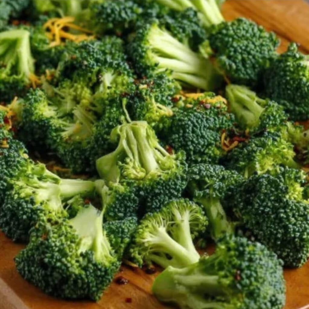 Fresh broccoli florets on a wooden board, ready to be cooked for high protein broccoli cheddar soup.