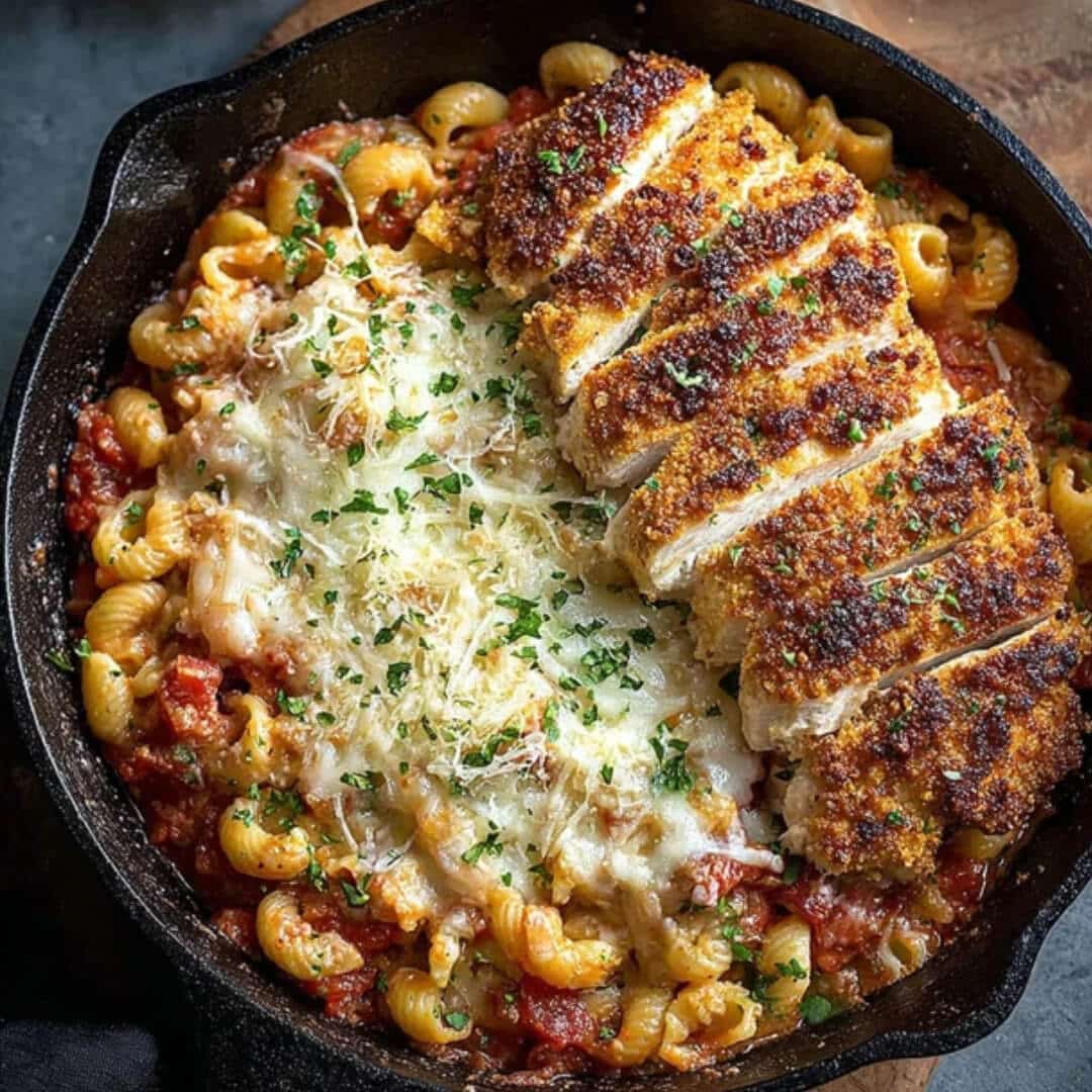 Golden, crispy Parmesan-crusted chicken sliced over cheesy pasta in a cast-iron skillet, garnished with parsley.