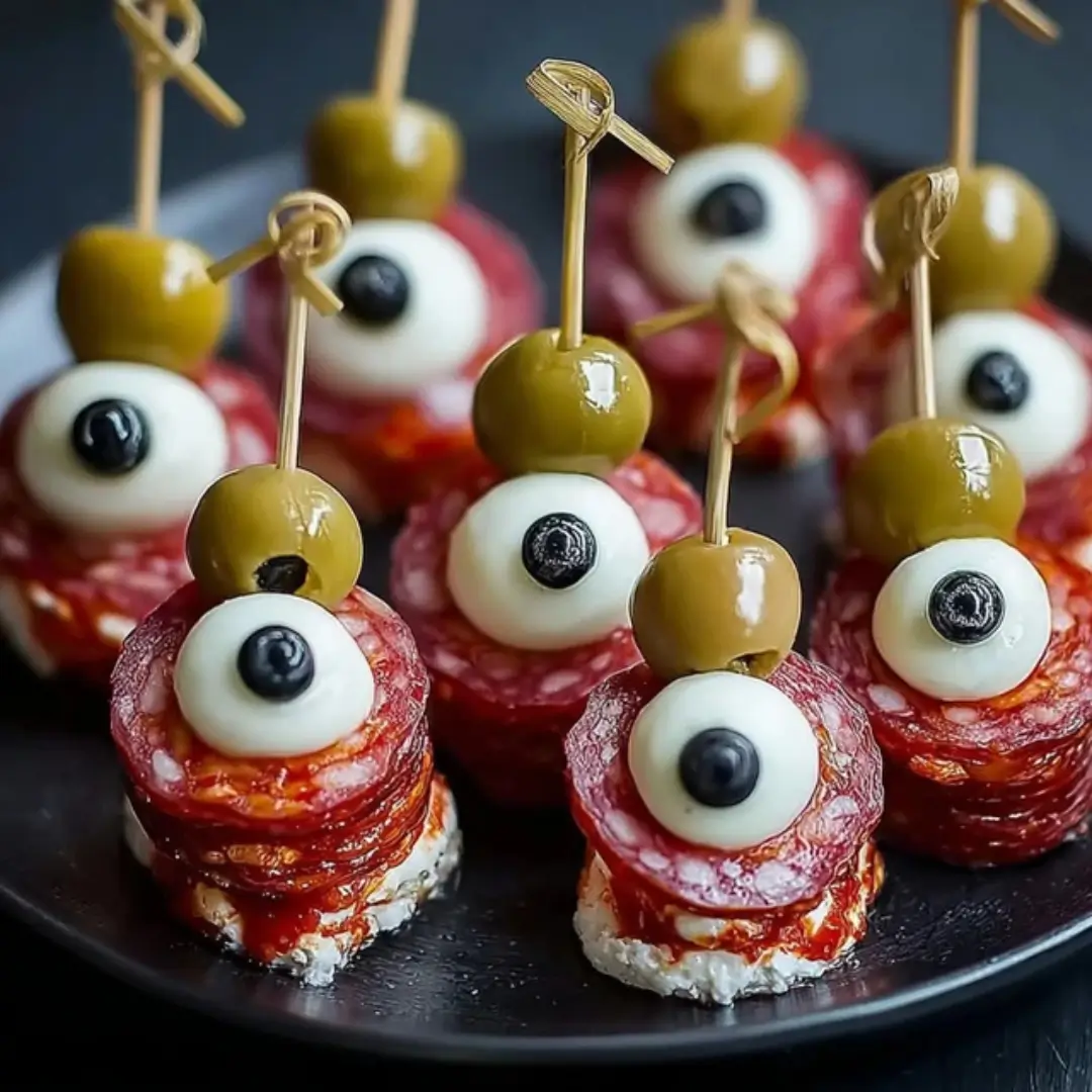 Spooky Salami Mozzarella Eyeballs on a Halloween party platter with herbs