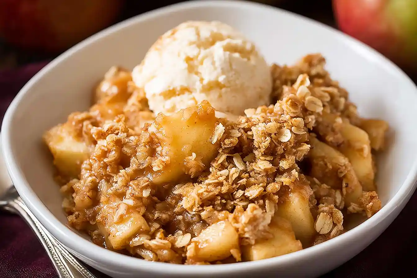A close-up of a warm, golden-brown Apple Crisp served in a bowl, topped with a scoop of melting vanilla ice cream and a sprinkle of cinnamon.