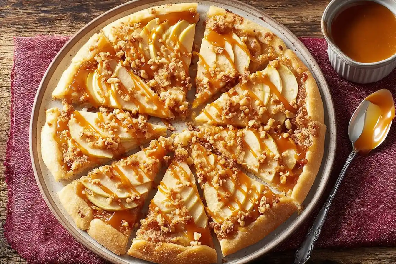 A beautifully arranged Apple Pizza Dessert, featuring thinly sliced apples, sits on a wooden cutting board, ready to be served.