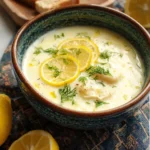 A close-up of a steaming bowl of Avgolemono Soup, garnished with fresh dill, ready to be enjoyed.