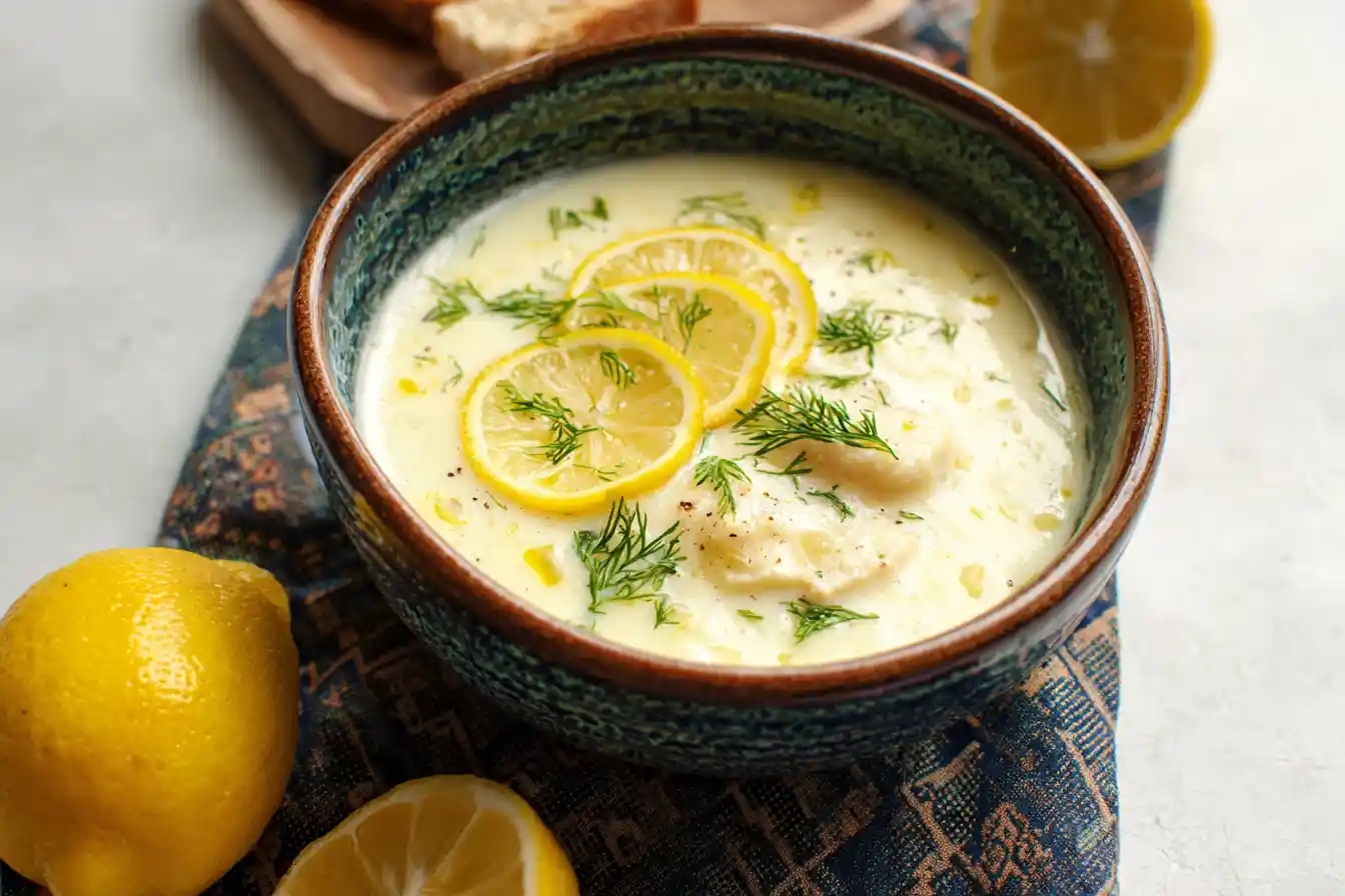A close-up of a steaming bowl of Avgolemono Soup, garnished with fresh dill, ready to be enjoyed.