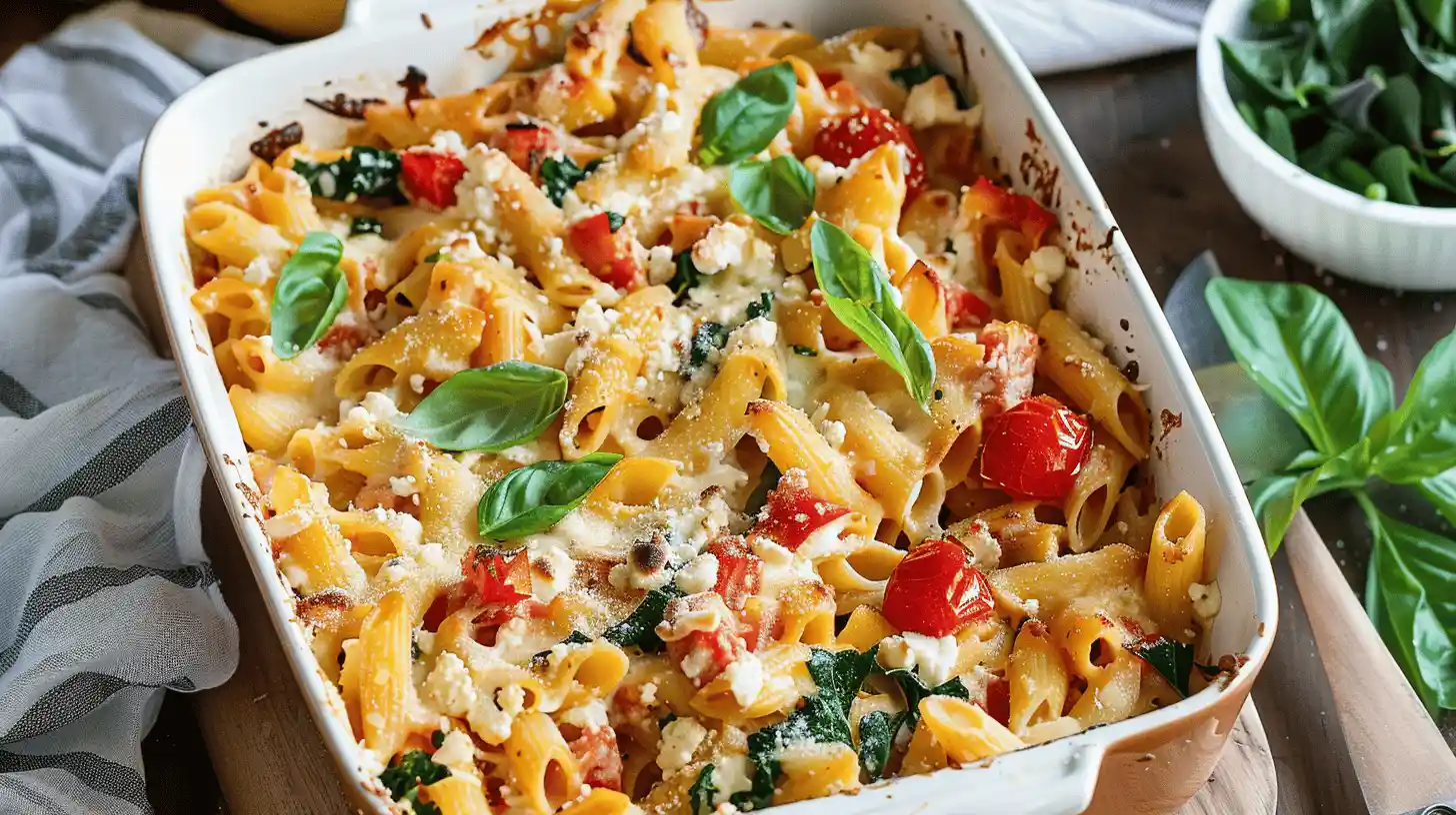 Plate of Baked Feta Pasta with cherry tomatoes and fresh basil leaves.