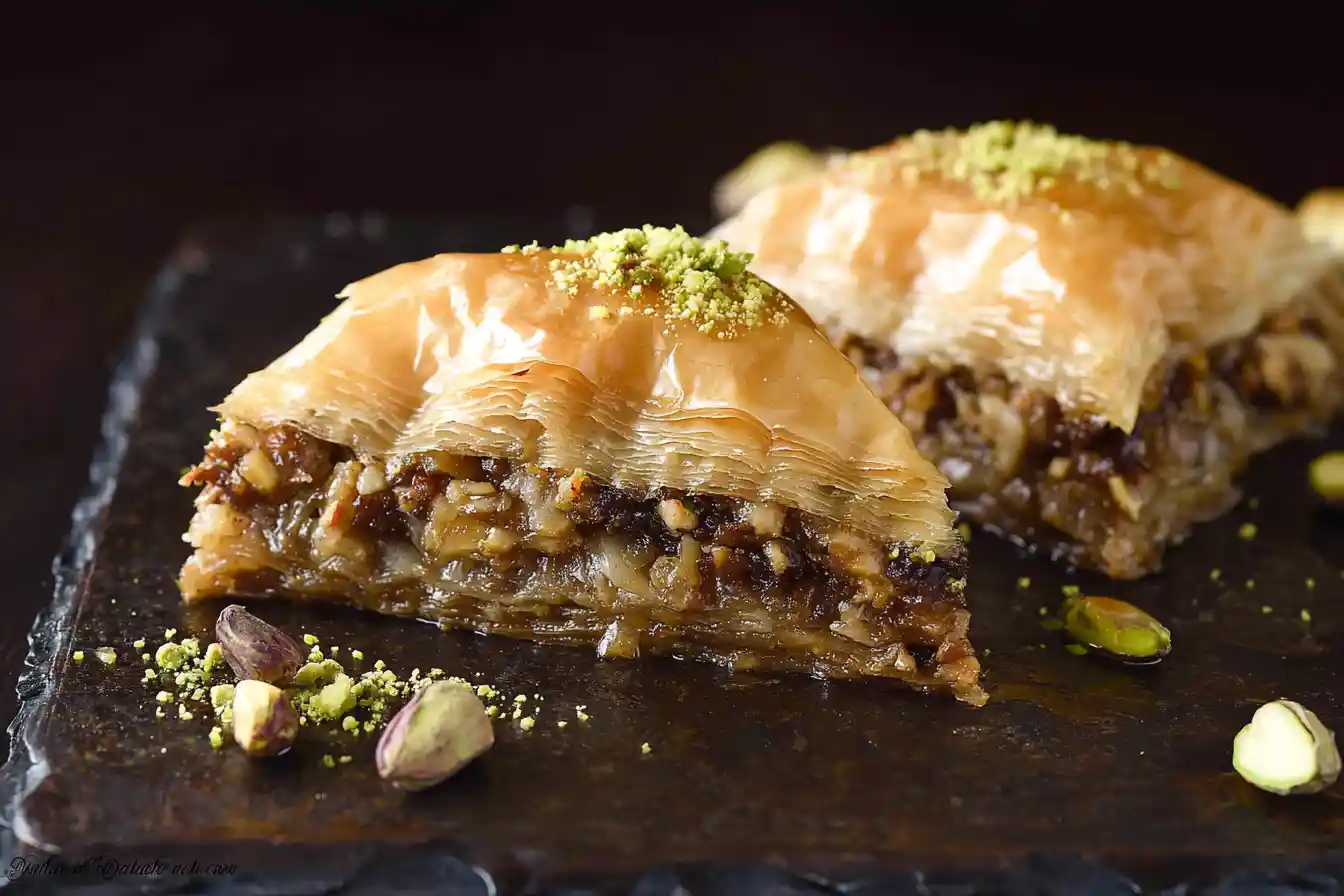 A top-down view of freshly baked, golden Baklava squares, drizzled with syrup and garnished with pistachios, hinting at a perfect Baklava Recipe.