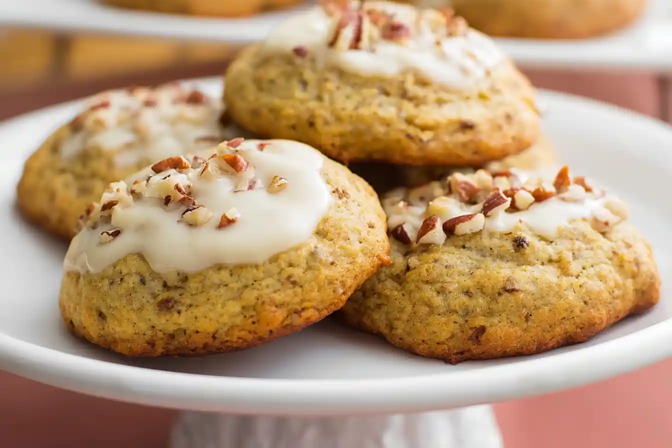 A close-up shot of several freshly baked Banana Bread Cookies, golden brown and speckled with chocolate chips, stacked on a wooden board.