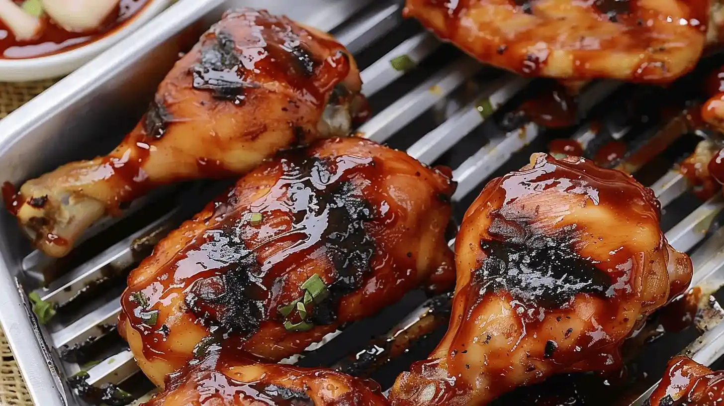 Grilled bbq chicken drumsticks with glaze on a metal rack.