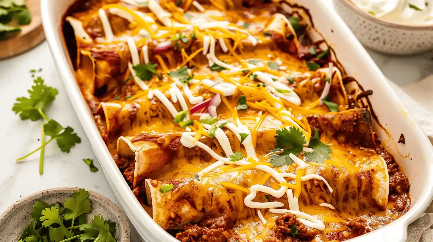 A baking dish filled with cheesy beef enchiladas, garnished with sour cream and cilantro.