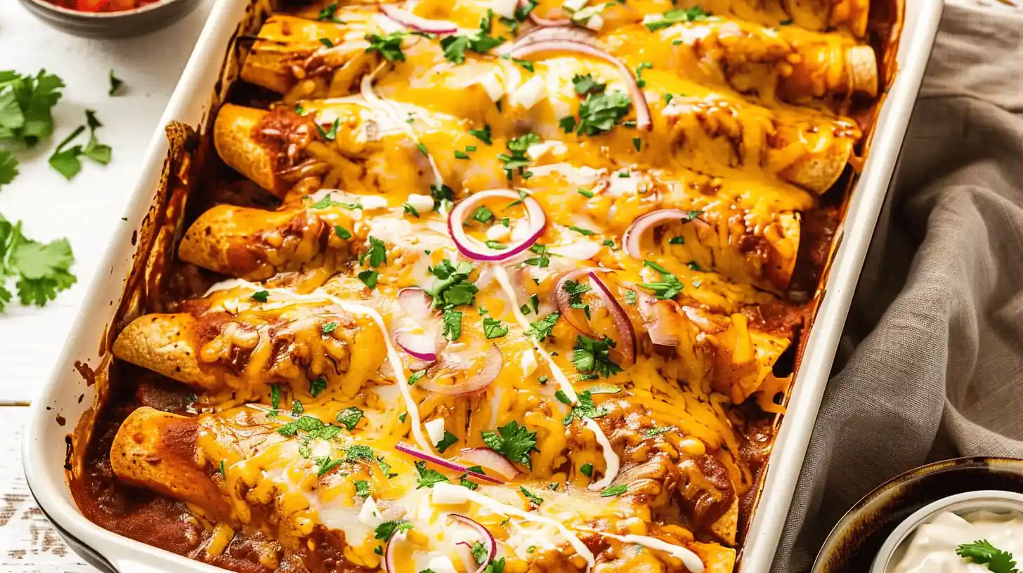 A baking dish filled with beef enchiladas topped with melted cheese, cilantro, and red onions.