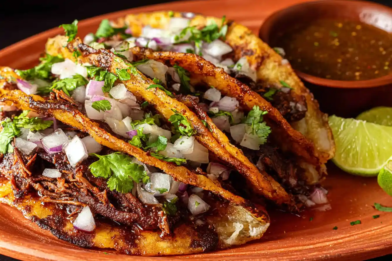 A close-up shot shows several delicious Birria Tacos garnished with cilantro and onions, served with a small bowl of consommé for dipping.