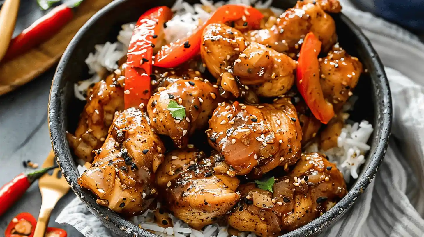 Black Pepper Chicken with rice and red bell peppers, garnished with sesame seeds in a bowl.