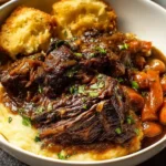 A serving of succulent Braised Beef garnished with fresh herbs, resting on a rustic plate.