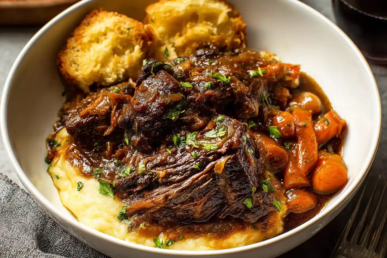A serving of succulent Braised Beef garnished with fresh herbs, resting on a rustic plate.