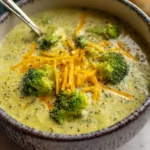 A close-up of a steaming bowl of creamy Broccoli cheddar soup, garnished with fresh herbs and visible florets.