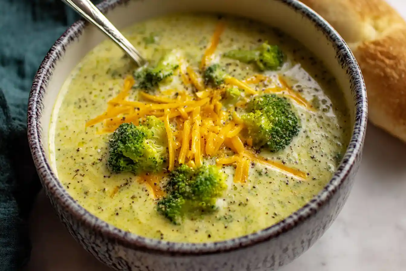 A close-up of a steaming bowl of creamy Broccoli cheddar soup, garnished with fresh herbs and visible florets.