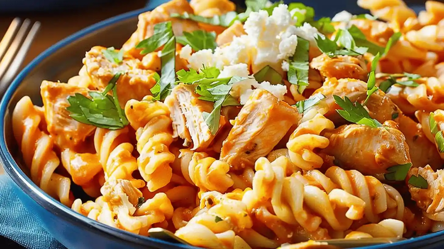 Buffalo Chicken Pasta with rotini noodles, chicken, buffalo sauce, herbs, and crumbled cheese.