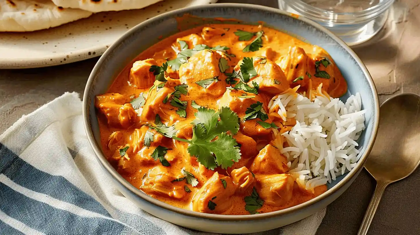 Butter chicken in a bowl with creamy tomato sauce, garnished with cilantro, accompanied by rice.