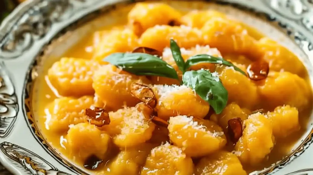 Plate of butternut squash gnocchi with basil and Parmesan cheese.