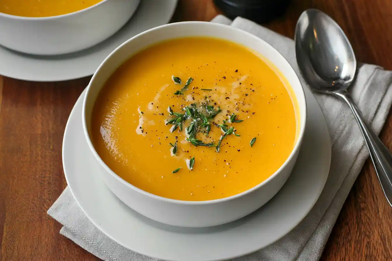 A close-up shot of a steaming bowl of vibrant orange butternut squash soup, garnished with a swirl of cream and fresh herbs.