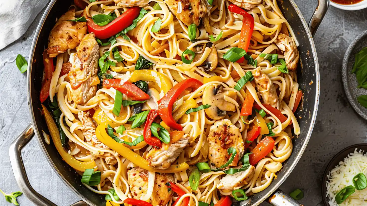Top view of a colorful cajun chicken pasta dish with chicken, bell peppers, and fresh herbs in a skillet.