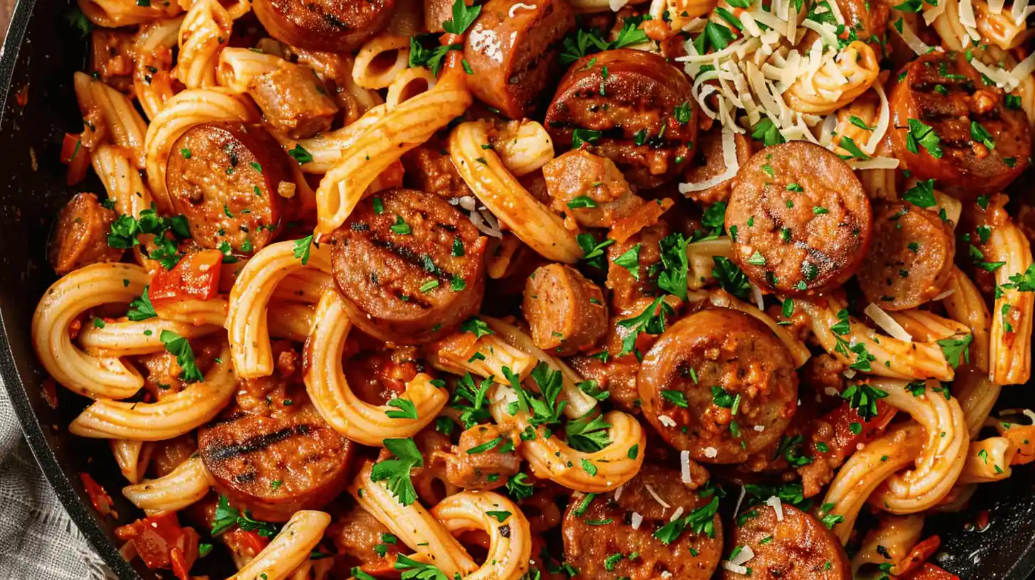 A close-up of cajun sausage pasta with sliced sausages, colorful pasta, and garnished with herbs.