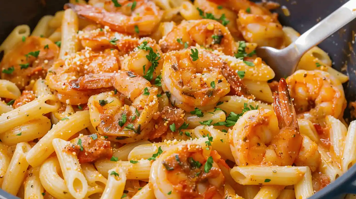 Close-up of Cajun Shrimp Pasta with shrimp, penne, and herbs.