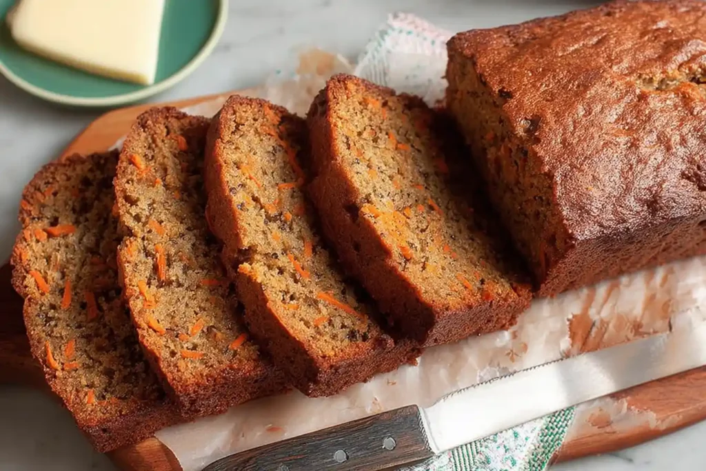 A close-up of a golden-brown loaf of Carrot Banana Bread cooling on a wire rack.