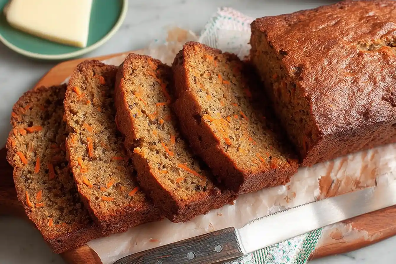 A close-up of a golden-brown loaf of Carrot Banana Bread cooling on a wire rack.