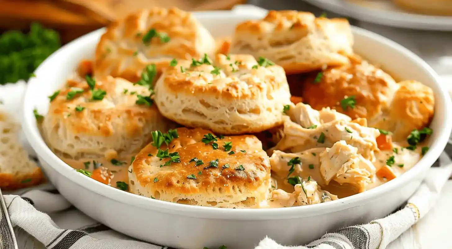 A bowl of chicken and biscuits garnished with herbs, highlighting a savory and comforting meal.