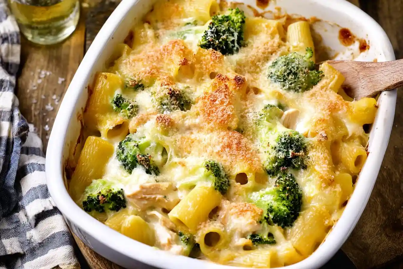 A baking dish filled with a creamy Chicken and Broccoli Pasta Bake, topped with melted, golden-brown cheese and fresh parsley.