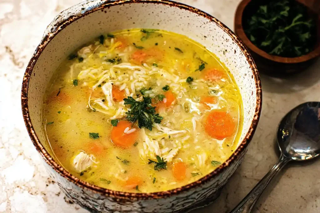 A steaming bowl of homemade chicken and rice soup, garnished with fresh dill and a lemon slice, sits on a rustic wooden table.