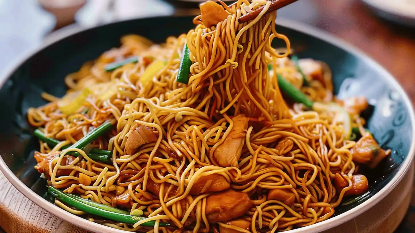 Plate of Chicken Chow Mein with noodles, chicken, and vegetables.