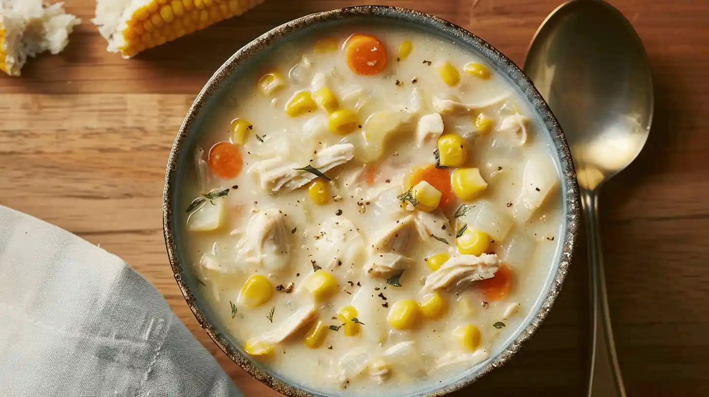 Bowl of chicken corn chowder with chicken, corn, and vegetables.