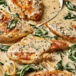 Chicken Florentine with creamy spinach sauce and cooked chicken breasts in a skillet.