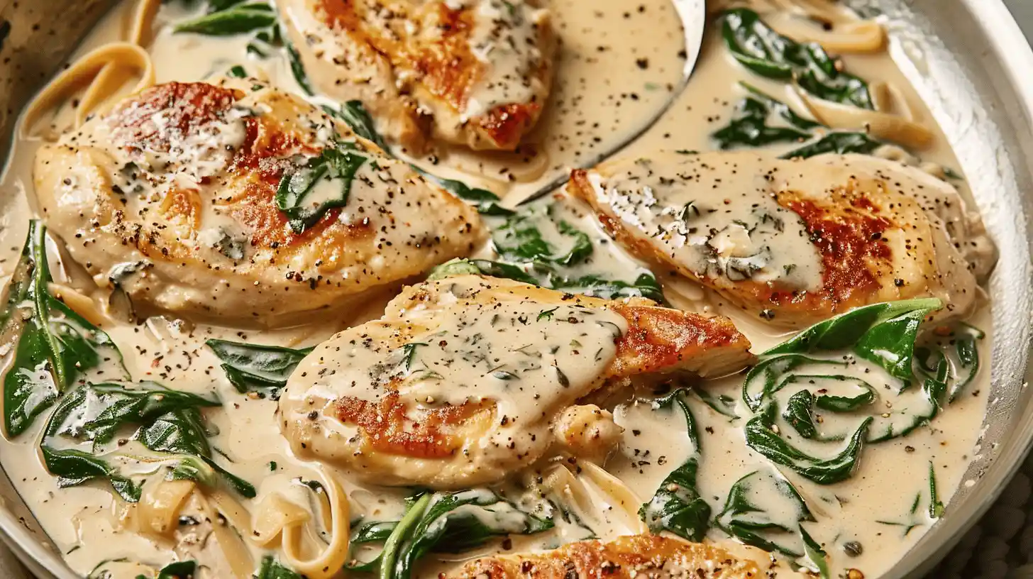 Chicken Florentine with creamy spinach sauce and cooked chicken breasts in a skillet.