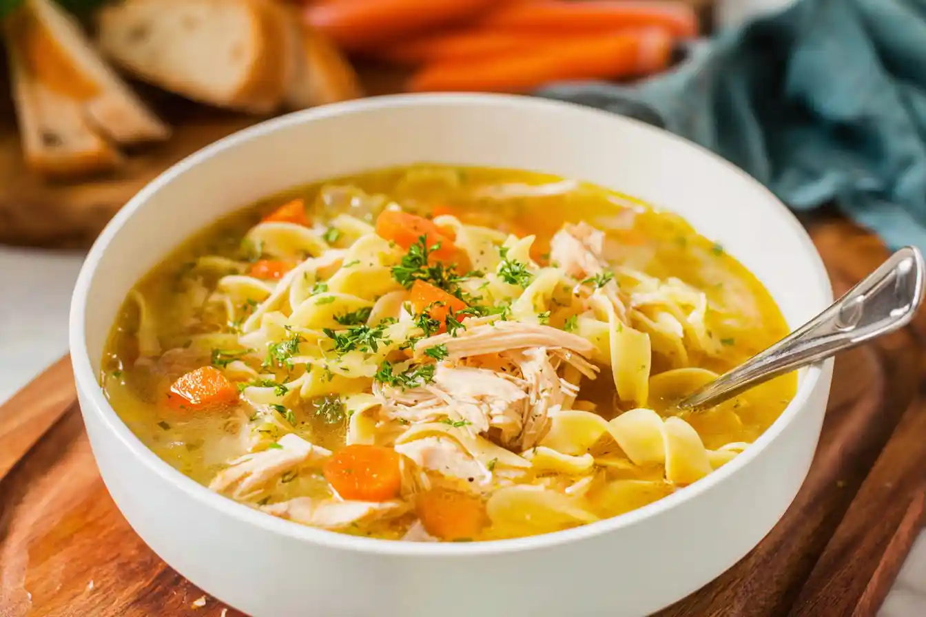 A steaming bowl of homemade chicken noodle soup with fresh herbs and a spoon resting on the rim.